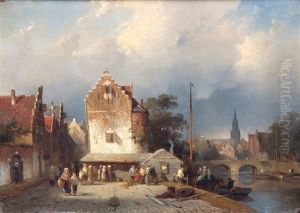 Activities On A Sunny Quay In A Dutch Village by Charles Henri Leickert