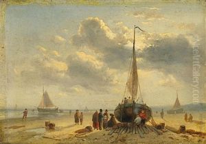 Aufliegende Boote Am Hollandischen Strand by Charles Henri Leickert