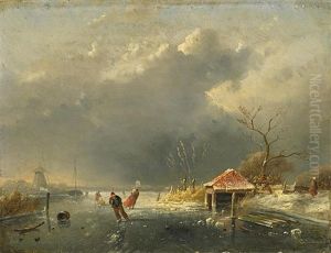Schlittschuhlaufer Auf Einem Winterlichen Kanal