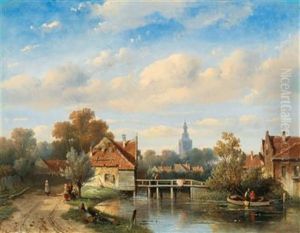 A Dutch Town On The Riverbank With Decorative Figures