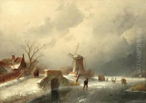 A Dutch Frozen River Landscape by Charles Henri Leickert