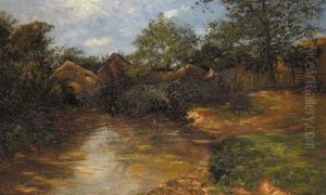 A Stream With Haystacks And Farm Buildings Beyond