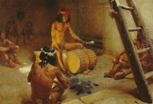 Old Hopi Priest Teaching The Young Priests The Tribunal Chants In The Underground Cave Or Ceremonial Hall by William Robinson Leigh