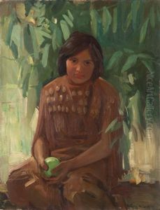 Young Native American Girl Holding An Apple