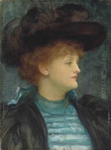 Portrait Of A Lady, Bust-length, In A Turquoise Dress And Black Coat And Hat by Lord Frederick Leighton