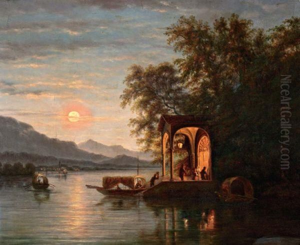 Rivierlandschap Bij Maanlicht Met Boten En Figuren Bij Een Rustiek Prieel - view 1