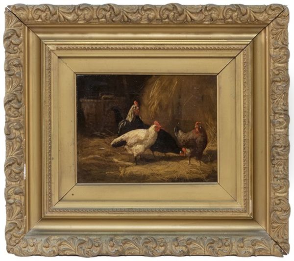 Barn Interior With Four Chickens, Hay And A Splint Basket. - view 1