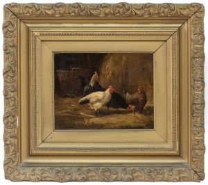 Barn Interior With Four Chickens, Hay And A Splint Basket. by Scott Leighton