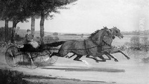 Buggy Drawn By A Team Of Horses Along A Tree Lined Avenue