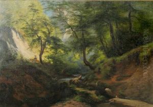 Waldlandschaft Mit Flusschen Und Einem Reiter. Im Hintergrund Ein Auf Kreidefelsen Gelegenes Schlos