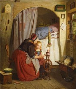 Grosmutter Mit Ihrer Enkelin Am Spinnrad by Heinrich Leinweber