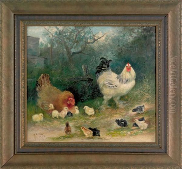Hen, Rooster, And Thirteen Chicks - view 1