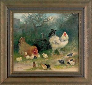 Hen, Rooster, And Thirteen Chicks by Mary B. Leisz