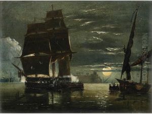 Riff Pirates Attacking A Spanish Ship By Night In A Calm by Richard Principal Leitch