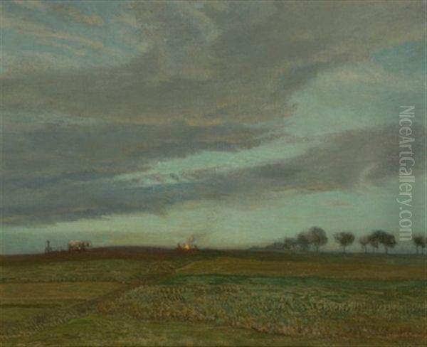 Herbstliche Abendlandschaft Mit Pflugendem Bauer - view 1