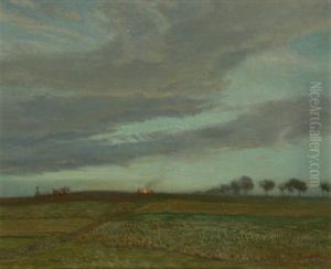 Herbstliche Abendlandschaft Mit Pflugendem Bauer