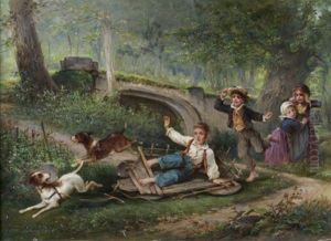 Children And Dogs Playing by Eugene Joseph Lejeune