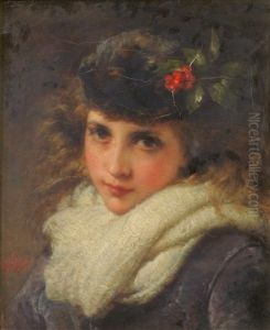 Portrait Of A Pretty Young Lady, Head And Shoulders, Wearing A Blue Coat And Cream Scarf by Henry Lejeune