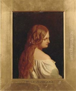 Portrait Of A Young Lady With Long Auburn Hair In A White Robe by Henry Lejeune