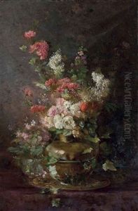 Roses, Chrysanthemums, Tulips And Other Summer Blooms, In A Copper Ewer