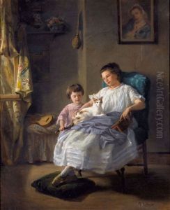 Helene Und Leon Leleux Mit Katze by Armand Hubert Simon Leleux