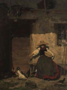 Junge Bauerin Beim Futtern Der Huhner by Armand Hubert Simon Leleux