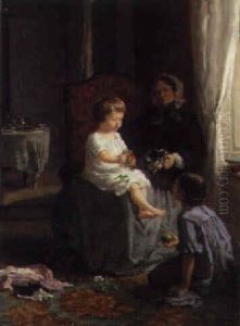 A Mother Playing With Her Children In An Interior by Louise-Emilie Leleux-Girard