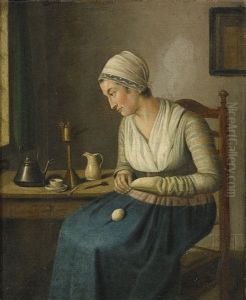 Interior Med Kvinna Som Stoppar Strumpor by Adriaen de Lelie