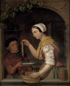 A Young Woman Holding A Herring, Standing With A Boy In A Window by Adriaen de Lelie