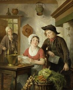 Kokkeninterior Med Ung Pige Og Ung Mand Med Brev, I Baggrunden Kone by Adriaen de Lelie