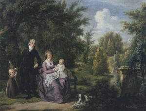 Portrait Of A Gentleman And A Lady, The Latter Seated On A Bench With Their Two Children And Dog In The Park Of Elswout, Overveen, A Pond And Cupula Beyond by Adriaen de Lelie