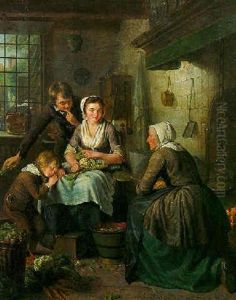 An Old Woman Frying Pancakes On An Open Fire In A Kitchen, A Maid And Children Nearby by Adriaen de Lelie
