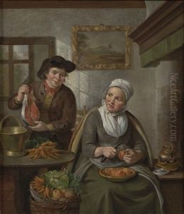 A Couple In A Kitchen With A Woman Peeling Apples, And A Man Holding Up A Piece Of Salmon by Jan Adriaan Antonie de Lelie