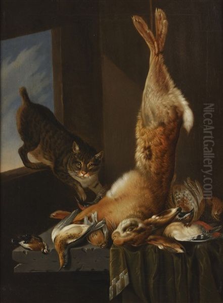 Still Life With Hare, Birds And Cat In Pantry Window by Cornelis van Lelienbergh