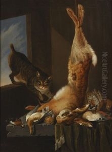 Still Life With Hare, Birds And Cat In Pantry Window by Cornelis van Lelienbergh