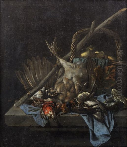 Dead Birds In A Basket On A Draped Stone Ledge - view 1