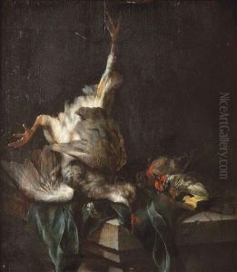 A Pigeon Hanging, With Two Goldfinches And A Green Cloth On A Stone Ledge