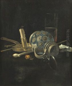 A Stoneware Jug, A Glass Of Beer, A Candlestick And A Pipe On A Draped Table
