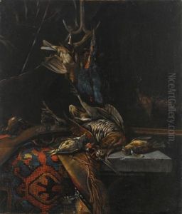 A Still Life With A Woodcock, A Kingfisher And Songbirds, All On A Stone Table Draped With A Tapestry, Together With A Gun by Cornelis van Lelienbergh