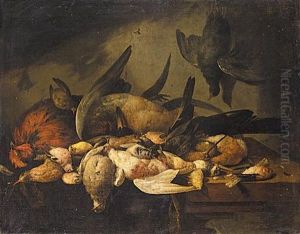 Still Life With A Cockerel, A Duck, A Snipe And Various Songbirds Together On A Wooden Table