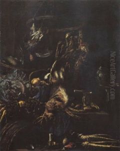 Jagdstilleben Mit Erlegtem Hasen, Wildgeflugel Und Fruchten by Cornelis van Lelienbergh