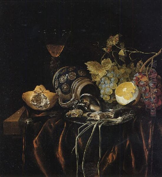 A Still Life Of Siegburger Kanne, Herring And A Spring Onion On A Silver Plate, Grapes, A Peeled Lemon, A Bread Roll And A Glass With Wine - view 1