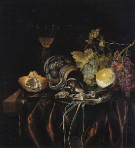 A Still Life Of Siegburger Kanne, Herring And A Spring Onion On A Silver Plate, Grapes, A Peeled Lemon, A Bread Roll And A Glass With Wine