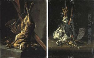 A Hunting Still Life With A Hare, A Gun, A Horn And A Pair Of Yellowhammers On A Stone Ledge