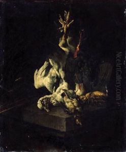 Dead Birds Hanging From A Rope With A Shotgun Above A Stone Ledge by Cornelis van Lelienbergh