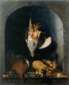 A Trompe L'oeil: A Grey Partridge Hanging Before A Stone Niche With A Dead Grouse, A Rabbit, Black Game And A Hunting Bag A Trompe L'oeil: A Grey Partridge Hanging Before A Stone Niche With A Dead Grouse, A Rabbit, Black Game And A Hunting Bag