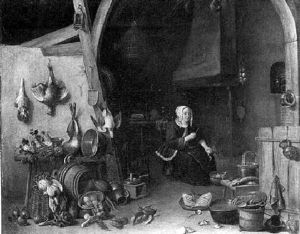 A Maid Peeling In A Kitchen, With A Dead Hare, A Mortar, Fruit On A Wan-li Dish, And A Barrel