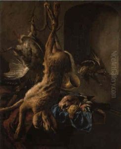 A Dead Hare And Hunting Horn Hanging From Hook With Dead Songbirds And Gun A Dead Hare And Hunting Horn Hanging From Hook With Dead Songbirds And Gun