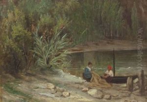 Fischerpaar Beim Netzflicken Am See