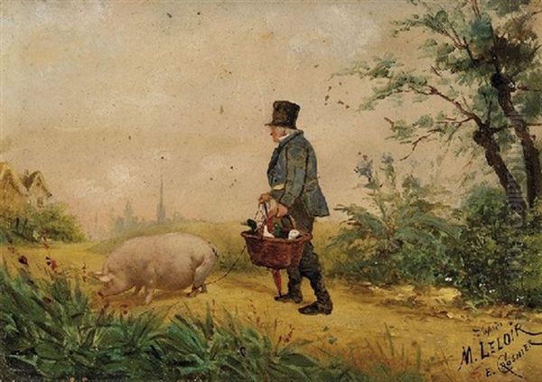 A Gentleman With His Ducklings And Piglet - view 1
